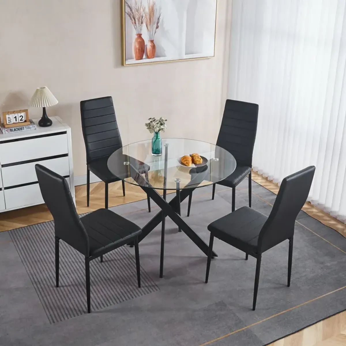 Dining Table With Cross Metal Leg And Tempered Glass, Modern Space Saving Kitchen Table For Living Room