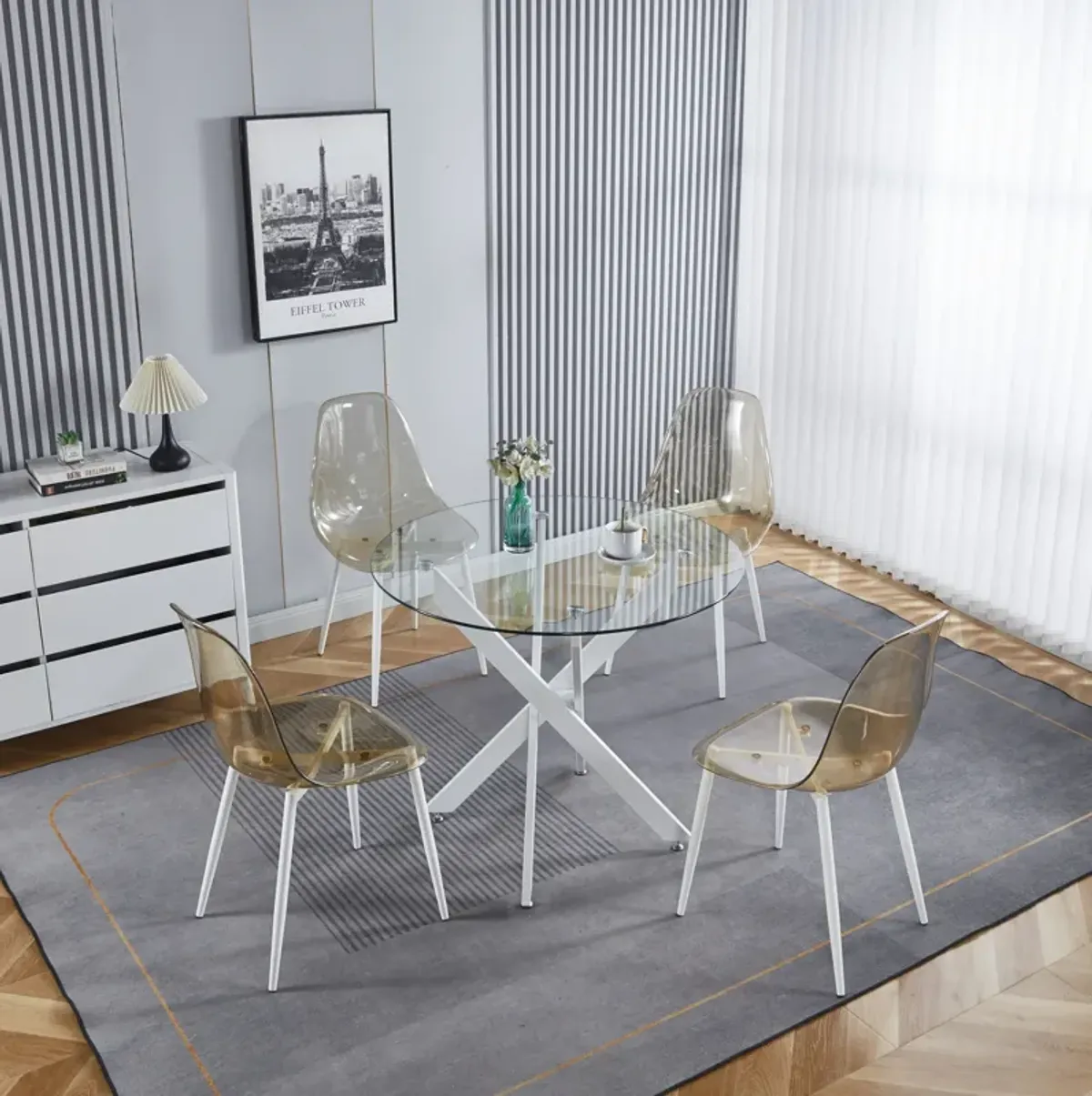 Dining Table With Cross Metal Leg And Tempered Glass, Modern Space Saving Kitchen Table For Living Room