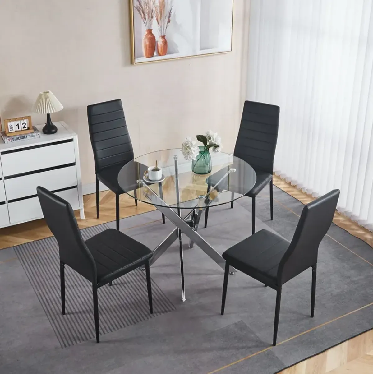 Dining Table With Cross Metal Leg And Tempered Glass, Modern Space Saving Kitchen Table For Living Room