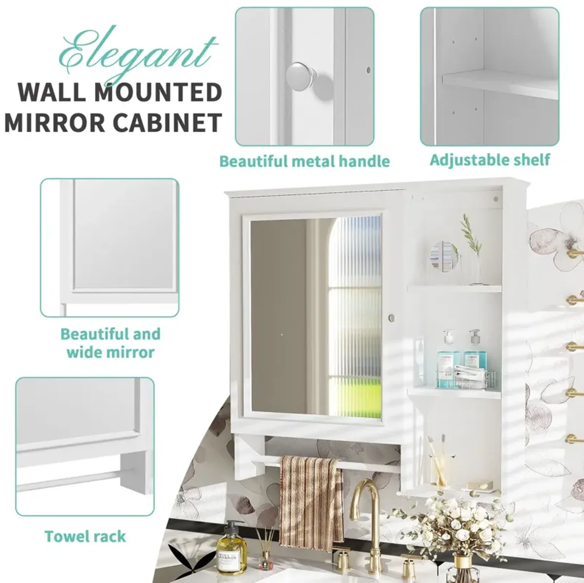 Wall Mounted Bathroom Storage Cabinet, Medicine Cabinets With Large Mirror Door, Adjustable Shelves And Three Open Storage Levels(Not Include Bathroom Vanity)