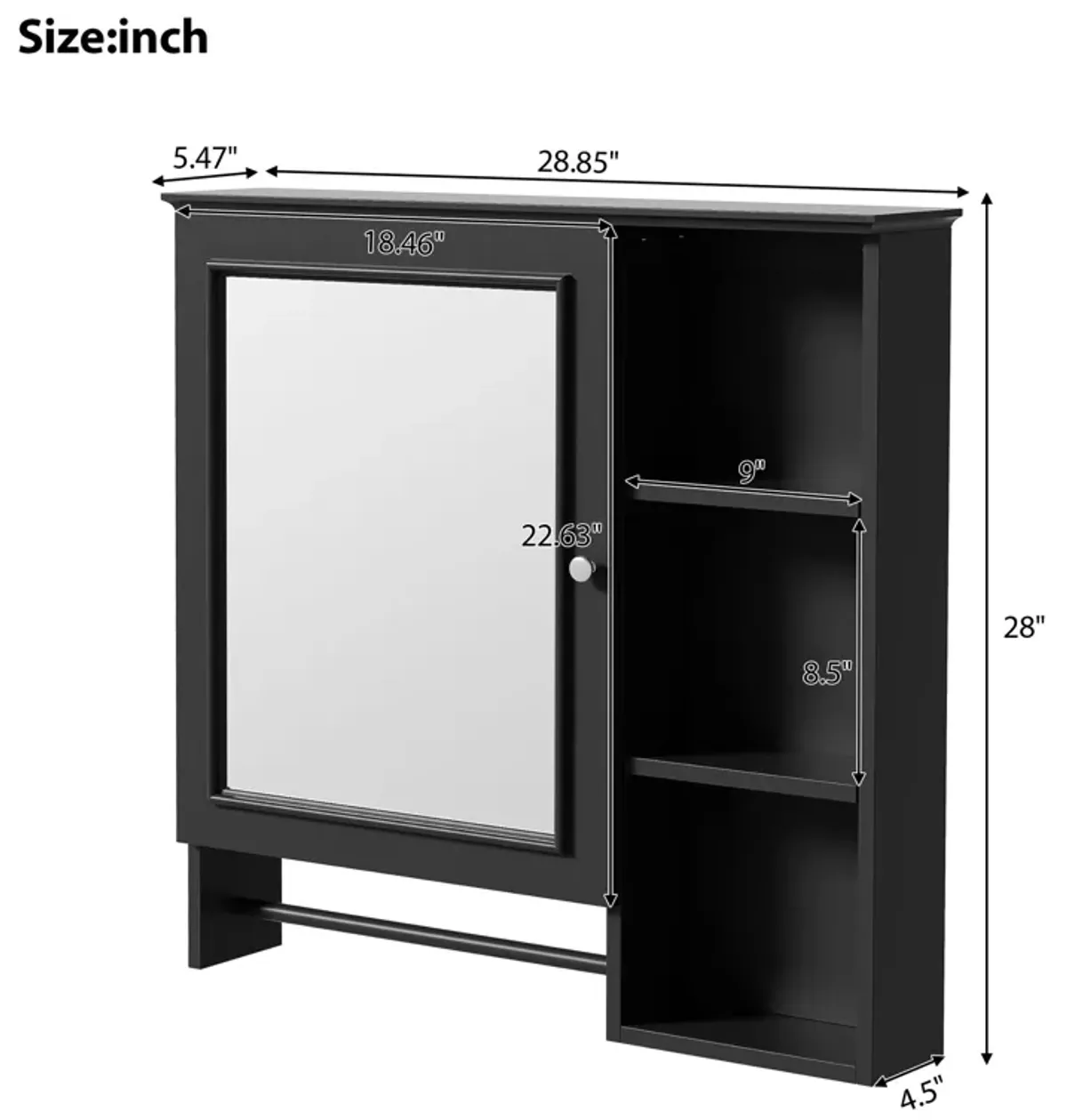 Wall Mounted Bathroom Storage Cabinet, Medicine Cabinets With Large Mirror Door, Adjustable Shelves And Three Open Storage Levels(Not Include Bathroom Vanity)