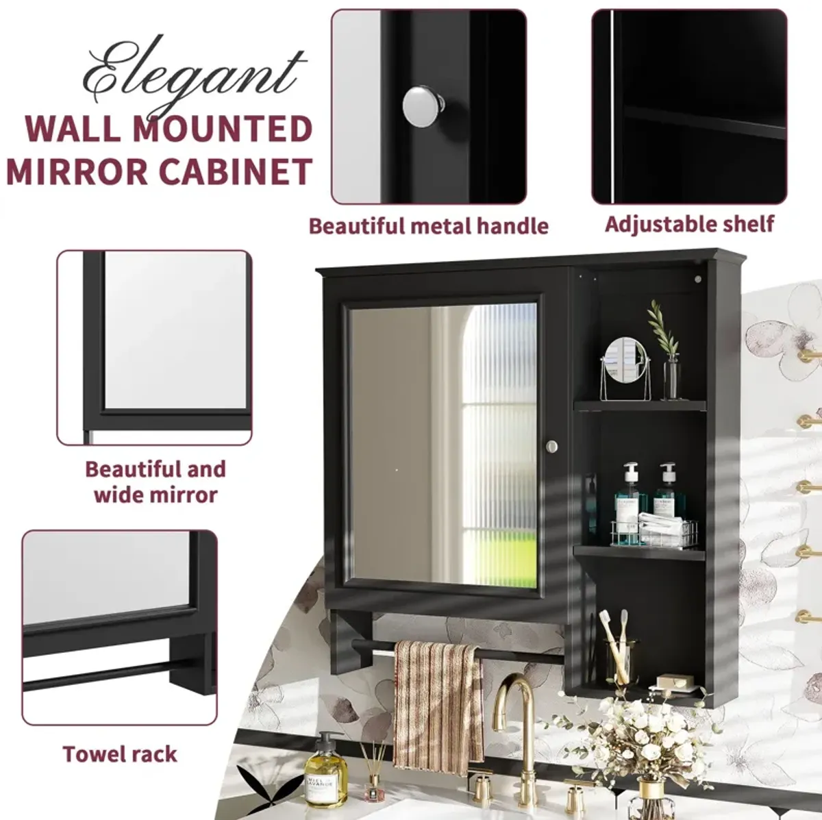 Wall Mounted Bathroom Storage Cabinet, Medicine Cabinets With Large Mirror Door, Adjustable Shelves And Three Open Storage Levels(Not Include Bathroom Vanity)