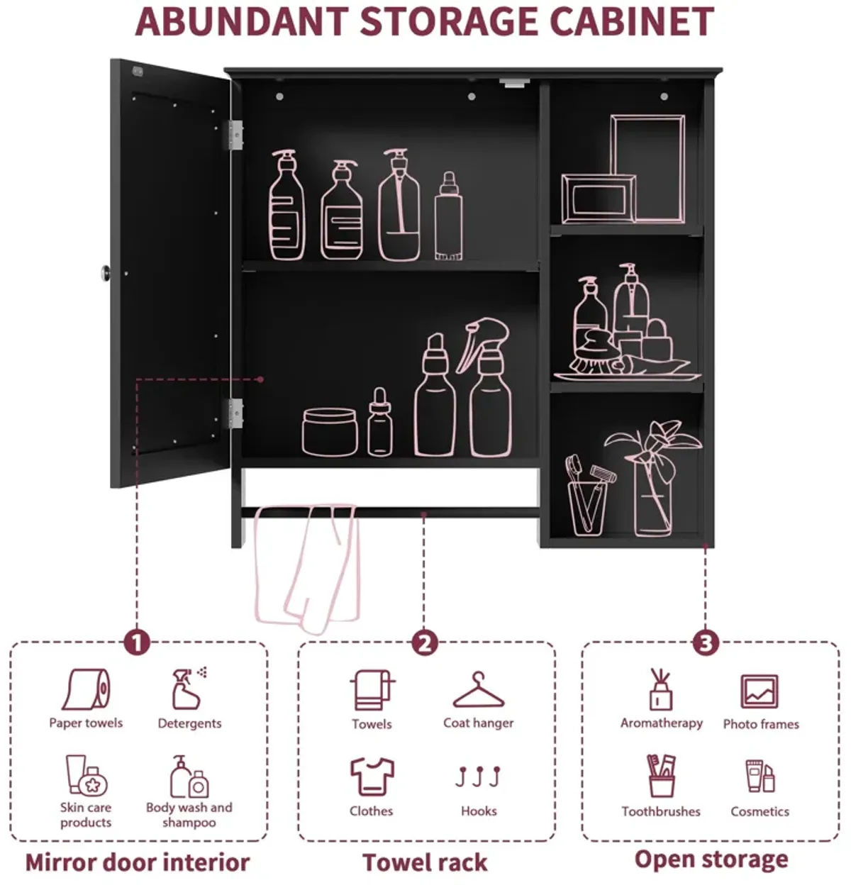 Wall Mounted Bathroom Storage Cabinet, Medicine Cabinets With Large Mirror Door, Adjustable Shelves And Three Open Storage Levels(Not Include Bathroom Vanity)