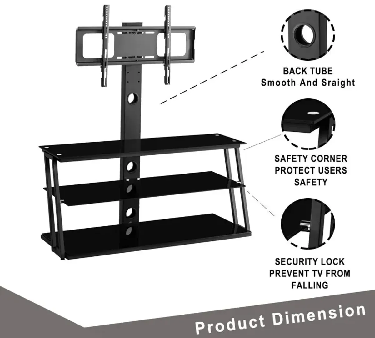 Multi-Function Angle And Height Adjustable Tempered Glass TV Stand - Black