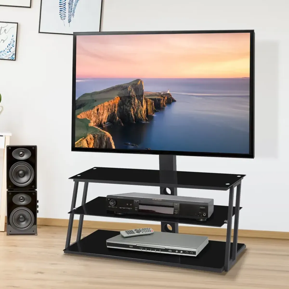 Multi-Function Angle And Height Adjustable Tempered Glass TV Stand - Black