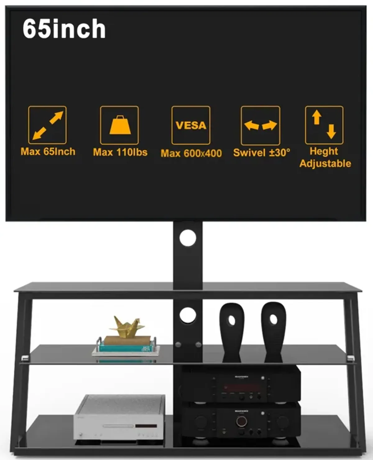 Multi-Function Angle And Height Adjustable Tempered Glass TV Stand - Black