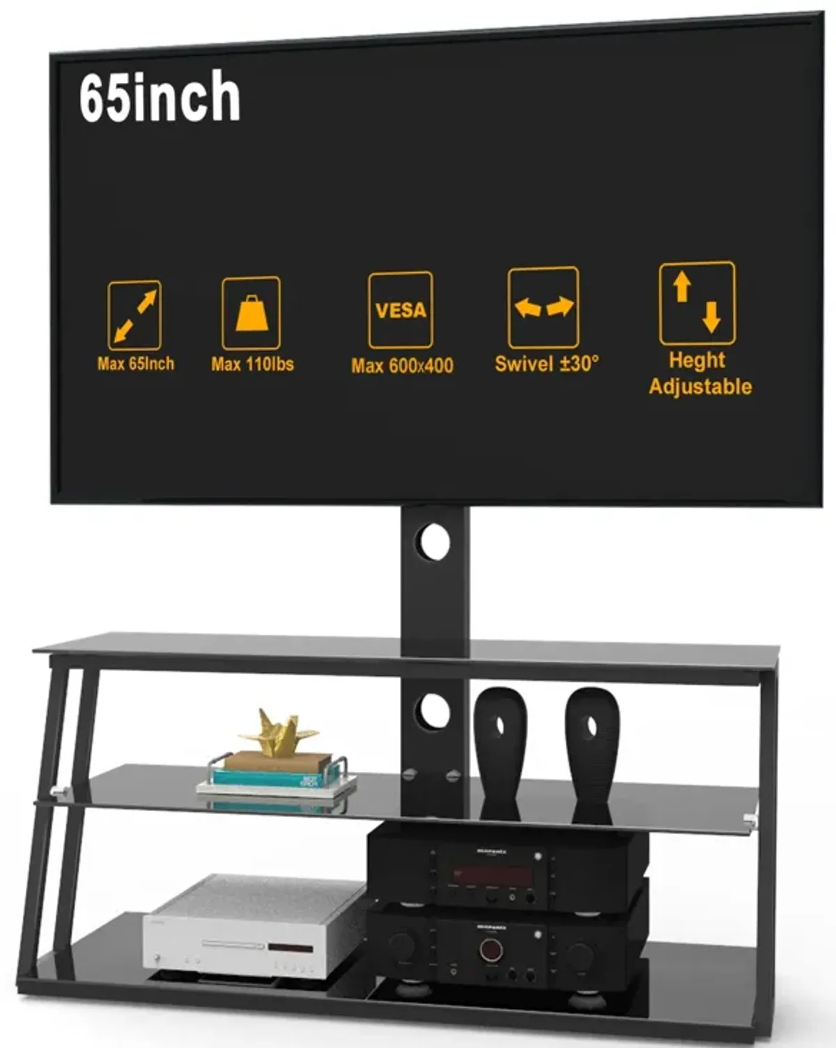 Multi-Function Angle And Height Adjustable Tempered Glass TV Stand - Black