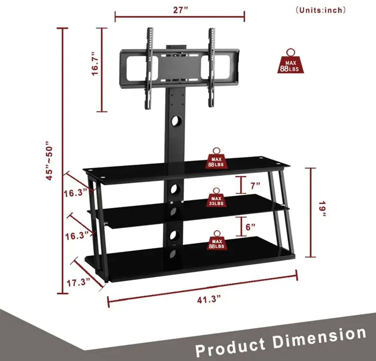 Multi-Function Angle And Height Adjustable Tempered Glass TV Stand - Black