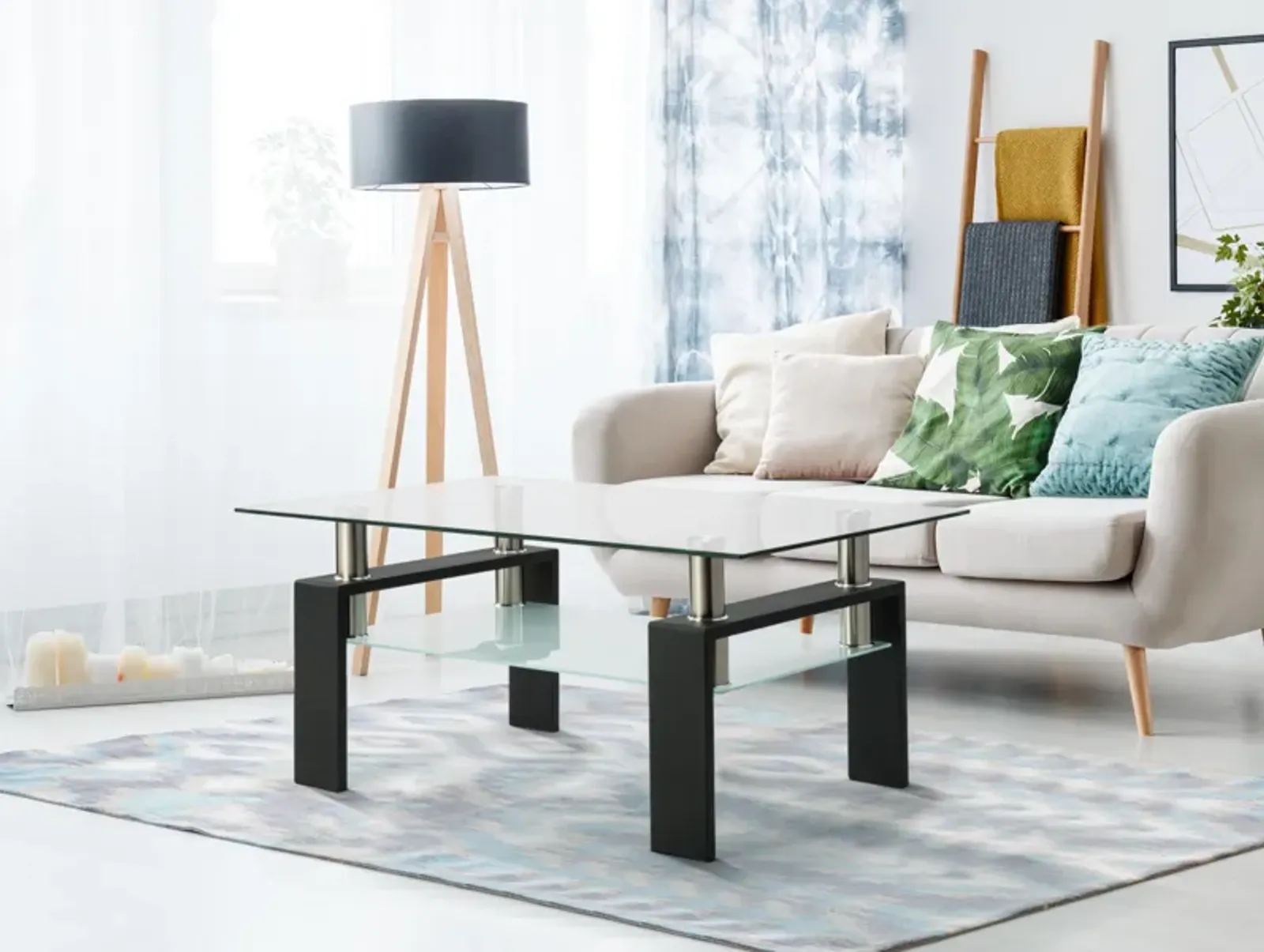 Rectangle Coffee Table, Modern Side Center Tables For Furniture - Clear / Black