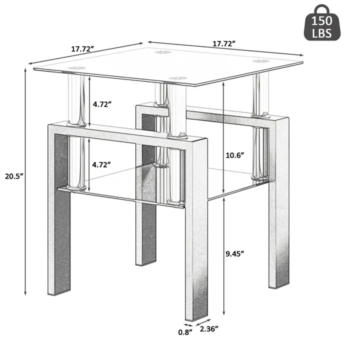 Modern Tempered Glass Tea Table, End Square Table For Living Room (Set of 2) - Black