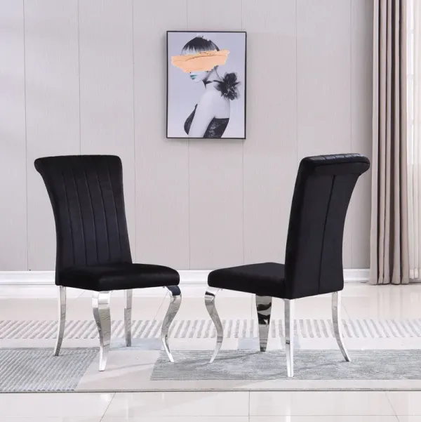 Modern Velvet Dining Chairs (Set of 2), Upholstered Accent Armless Chairs With Stripe Backrest - Black / Silver