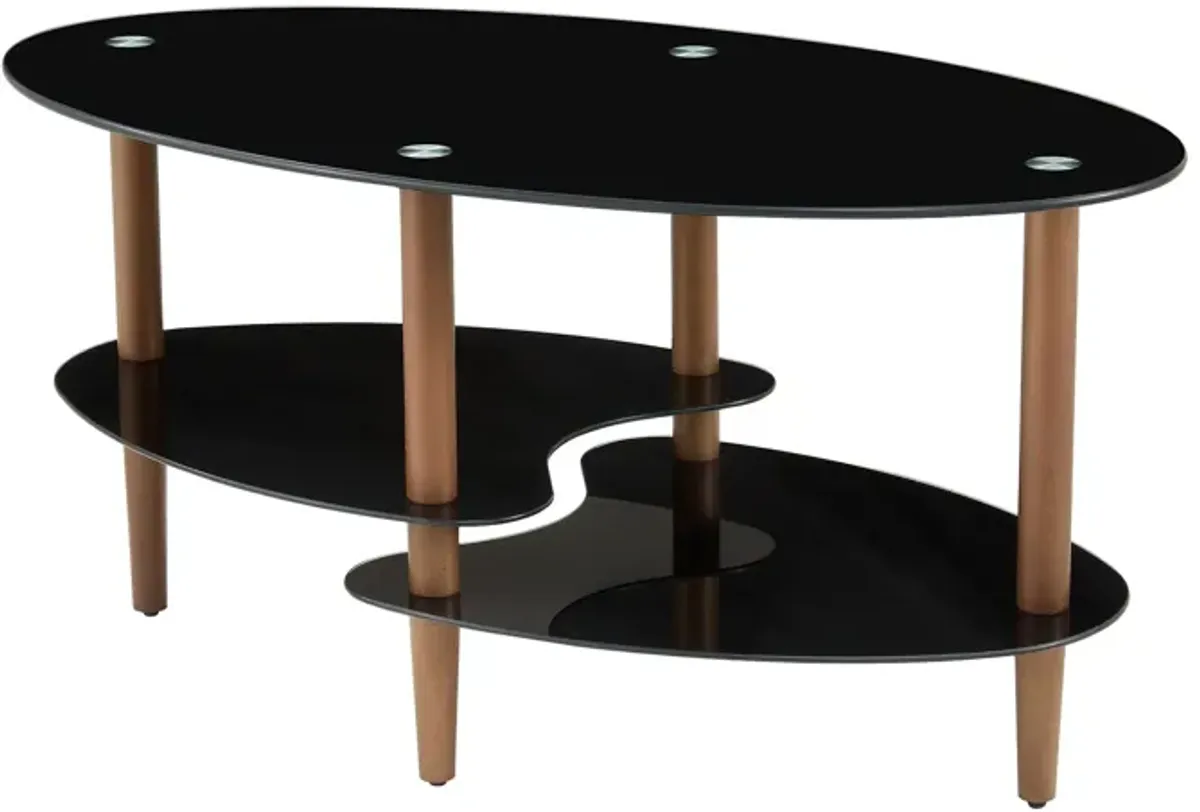 Oval Glass Coffee Table, Modern Table In Living Room Oak Wood Leg Tea Table 3-Layer Tempered Glass Table - Brown / Black