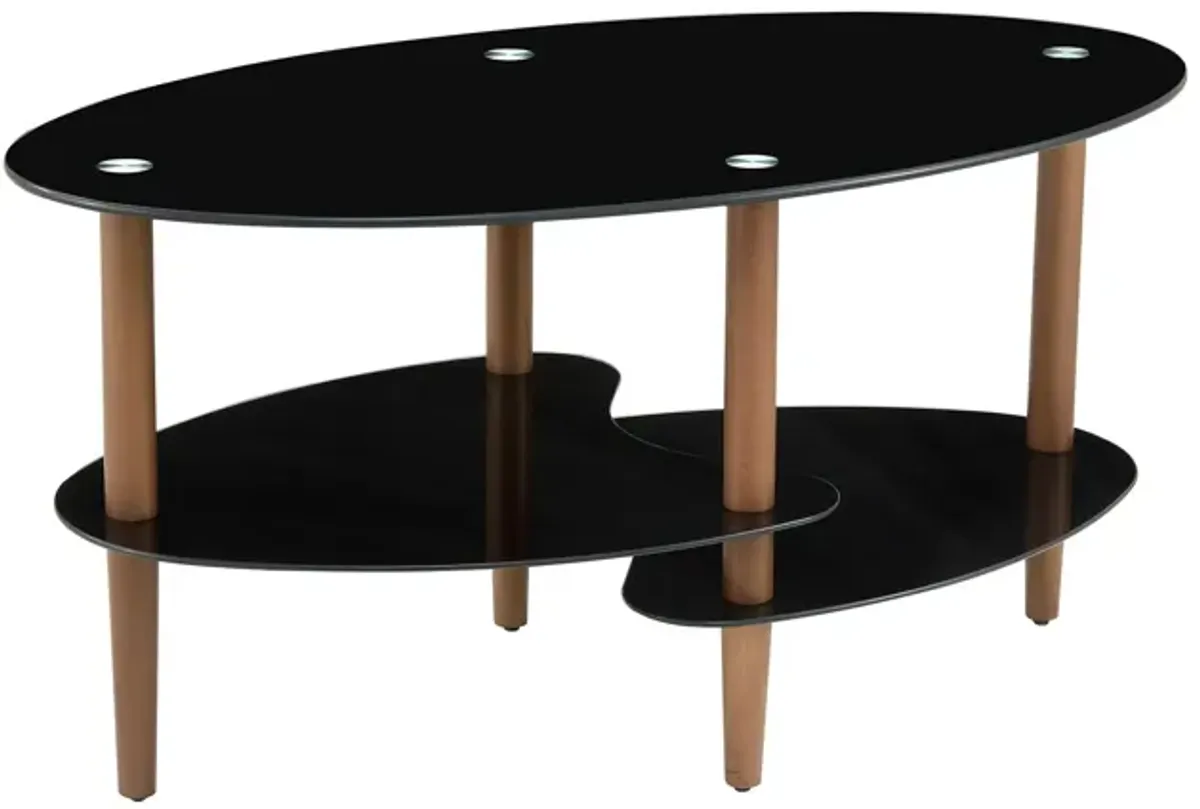 Oval Glass Coffee Table, Modern Table In Living Room Oak Wood Leg Tea Table 3-Layer Tempered Glass Table - Brown / Black