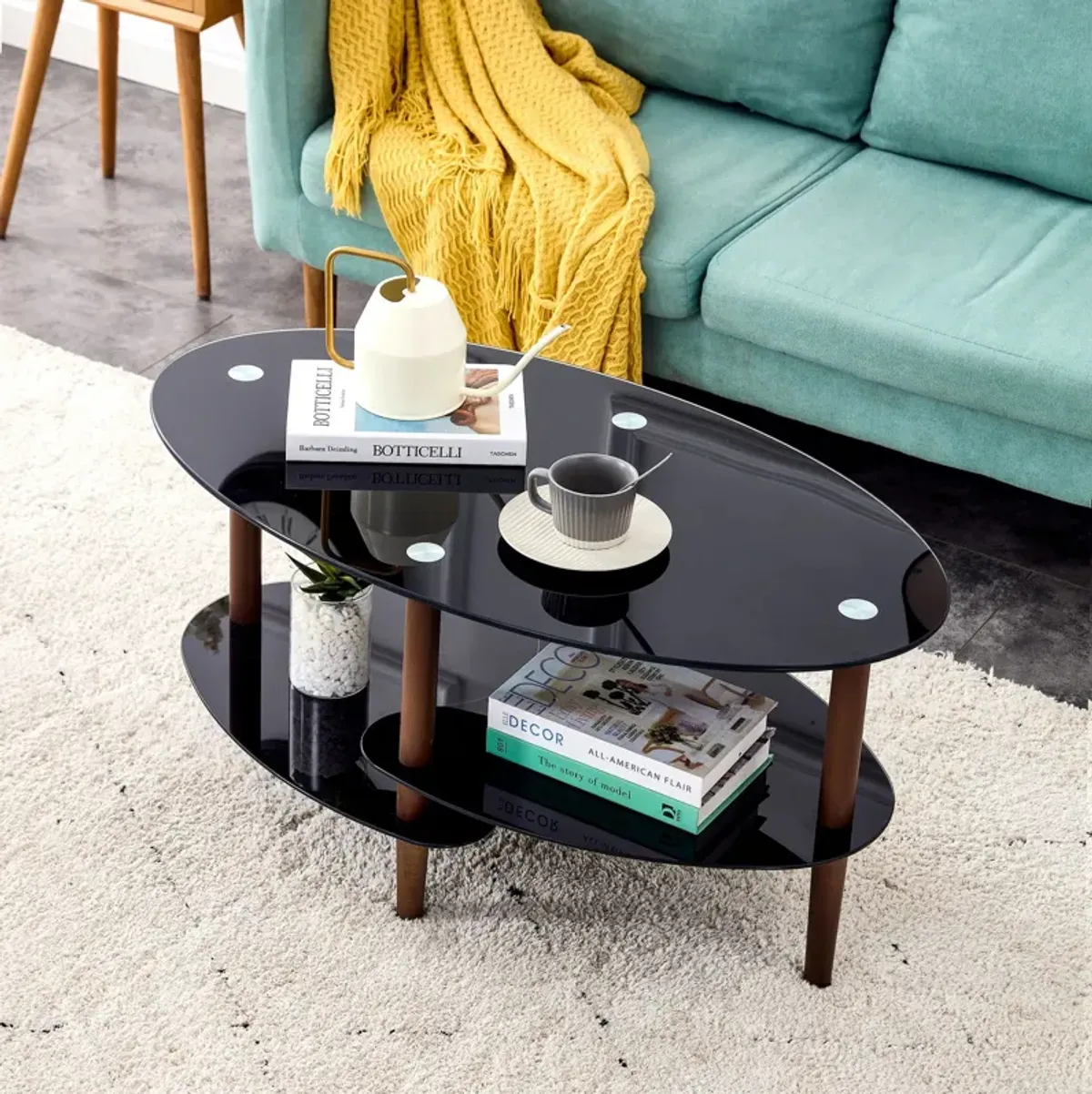 Oval Glass Coffee Table, Modern Table In Living Room Oak Wood Leg Tea Table 3-Layer Tempered Glass Table - Brown / Black