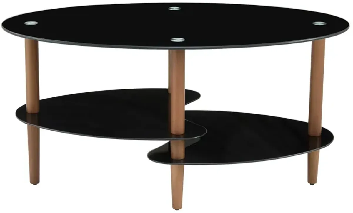 Oval Glass Coffee Table, Modern Table In Living Room Oak Wood Leg Tea Table 3-Layer Tempered Glass Table - Brown / Black