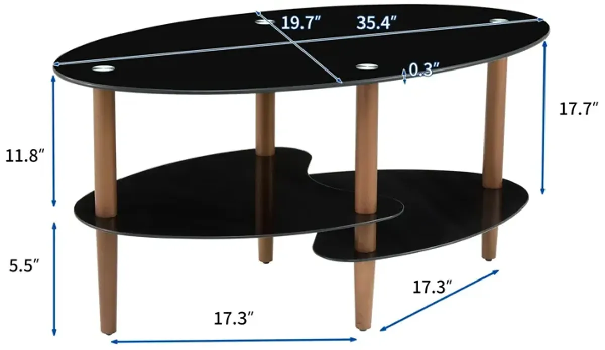 Oval Glass Coffee Table, Modern Table In Living Room Oak Wood Leg Tea Table 3-Layer Tempered Glass Table - Brown / Black