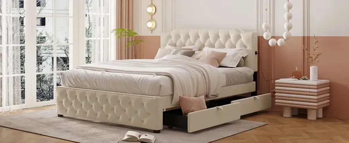 Upholstered Platform Bed With 2 Drawers And 2 Sets Of USB Ports On Each Side, Linen Fabric