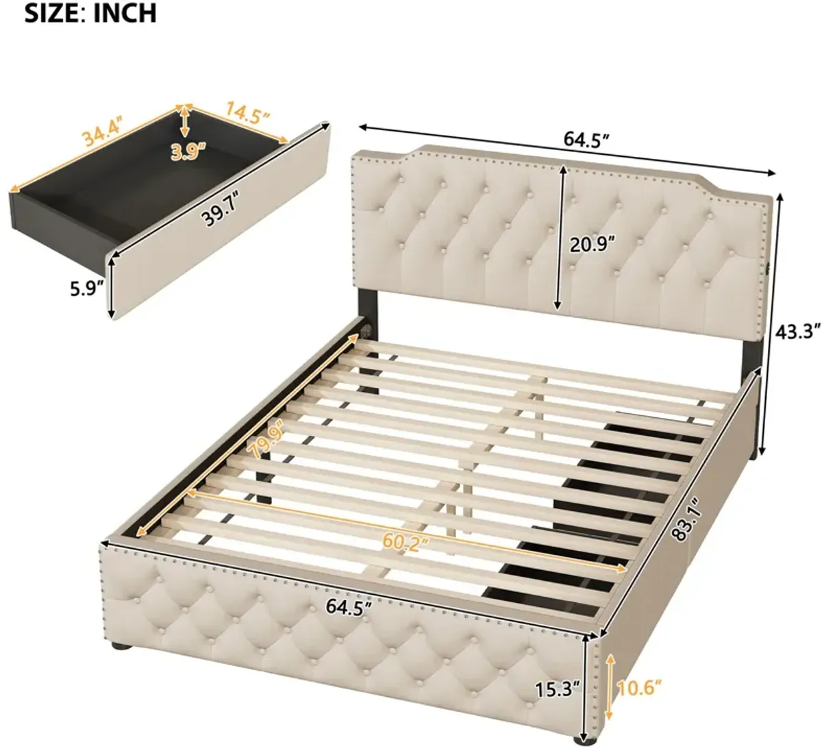 Upholstered Platform Bed With 2 Drawers And 2 Sets Of USB Ports On Each Side, Linen Fabric