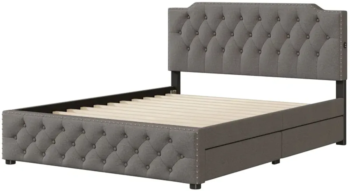 Upholstered Platform Bed With 2 Drawers And 2 Sets Of USB Ports On Each Side, Linen Fabric