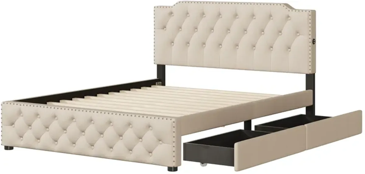 Upholstered Platform Bed With 2 Drawers And 2 Sets Of USB Ports On Each Side, Linen Fabric