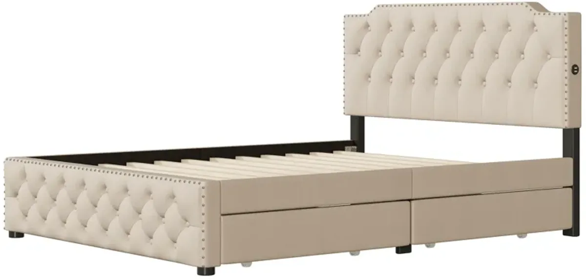 Upholstered Platform Bed With 2 Drawers And 2 Sets Of USB Ports On Each Side, Linen Fabric