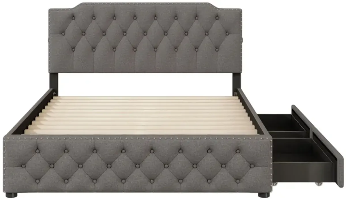 Upholstered Platform Bed With 2 Drawers And 2 Sets Of USB Ports On Each Side, Linen Fabric