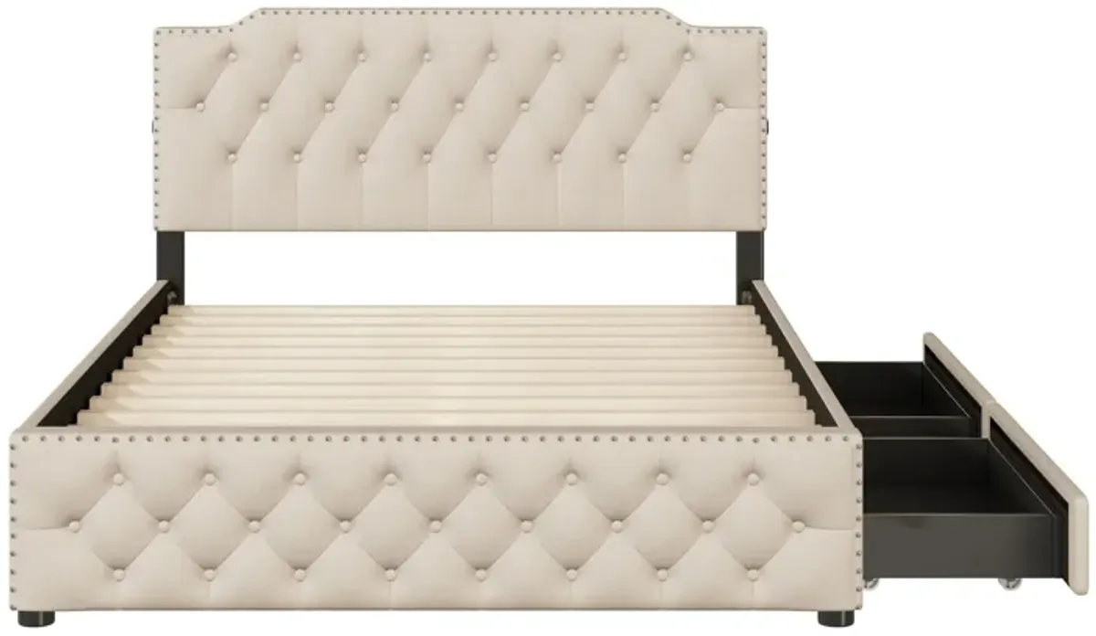 Upholstered Platform Bed With 2 Drawers And 2 Sets Of USB Ports On Each Side, Linen Fabric