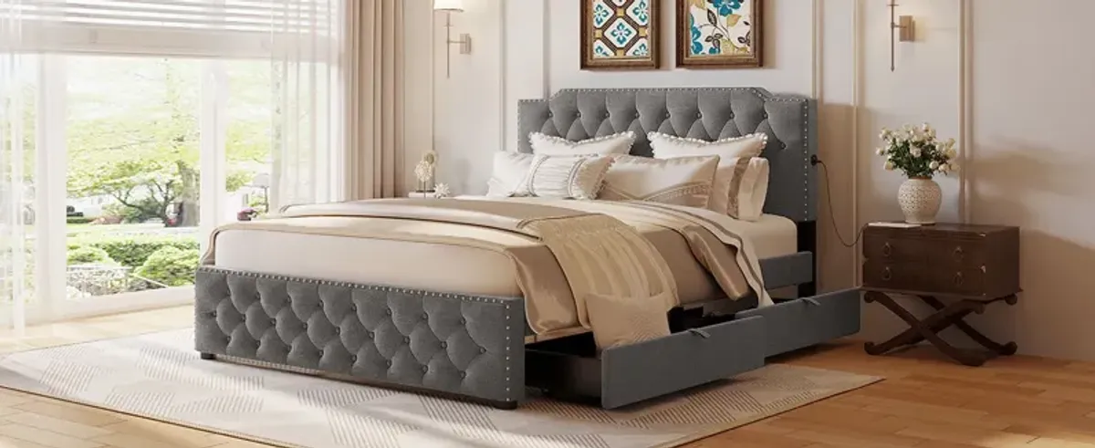 Upholstered Platform Bed With 2 Drawers And 2 Sets Of USB Ports On Each Side, Linen Fabric