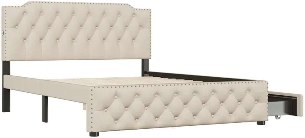 Upholstered Platform Bed With 2 Drawers And 2 Sets Of USB Ports On Each Side, Linen Fabric