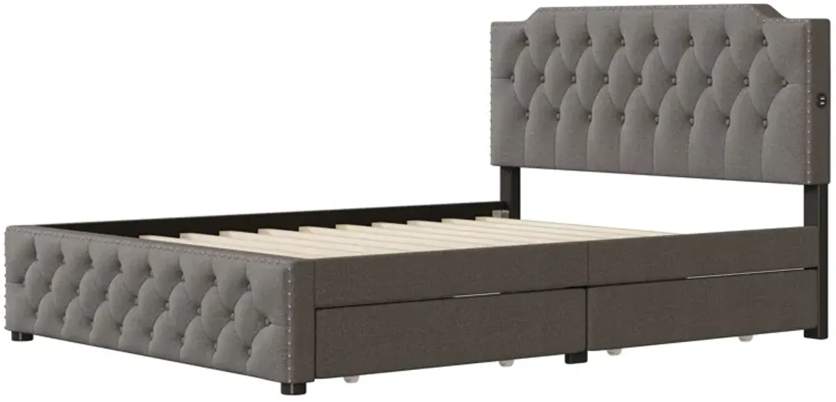 Upholstered Platform Bed With 2 Drawers And 2 Sets Of USB Ports On Each Side, Linen Fabric