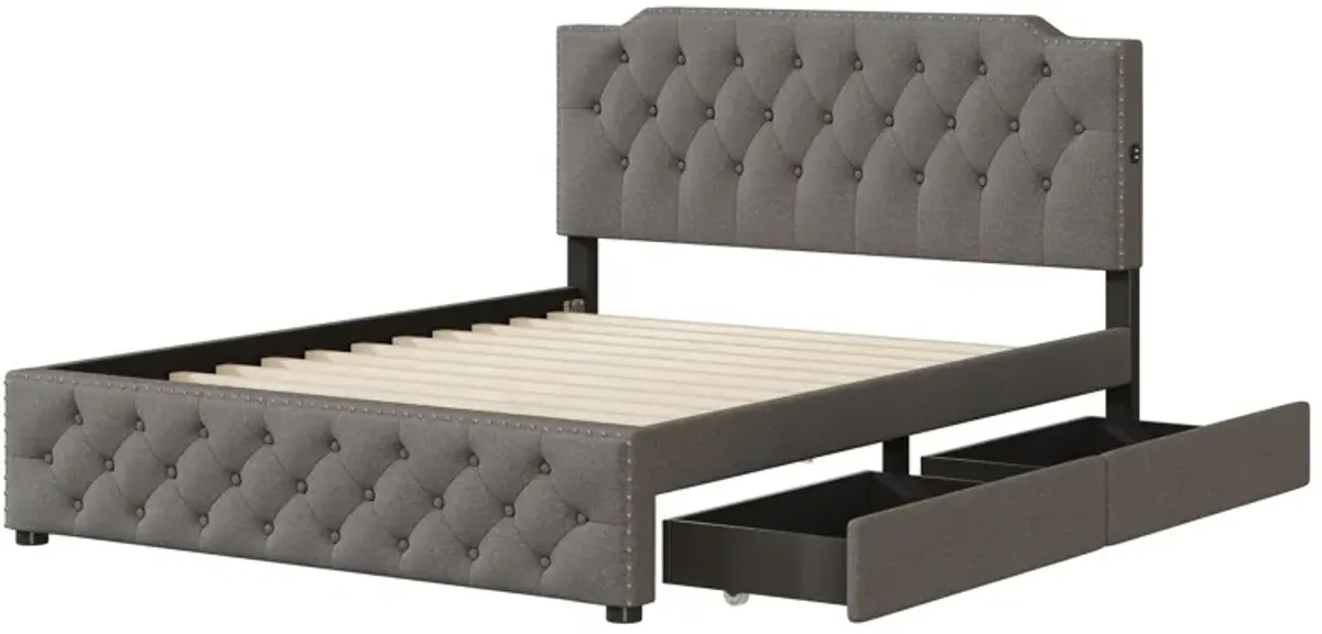 Upholstered Platform Bed With 2 Drawers And 2 Sets Of USB Ports On Each Side, Linen Fabric