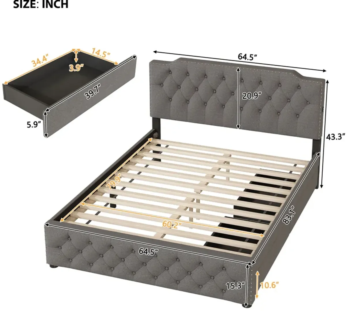 Upholstered Platform Bed With 2 Drawers And 2 Sets Of USB Ports On Each Side, Linen Fabric