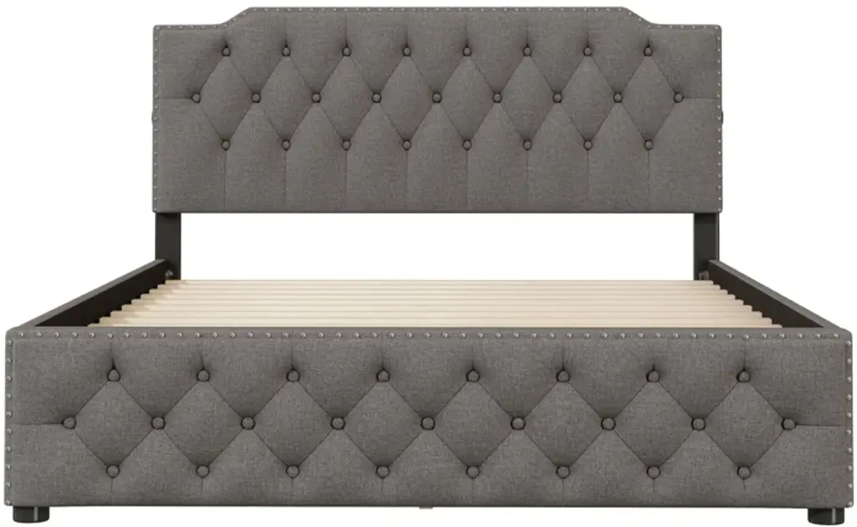 Upholstered Platform Bed With 2 Drawers And 2 Sets Of USB Ports On Each Side, Linen Fabric