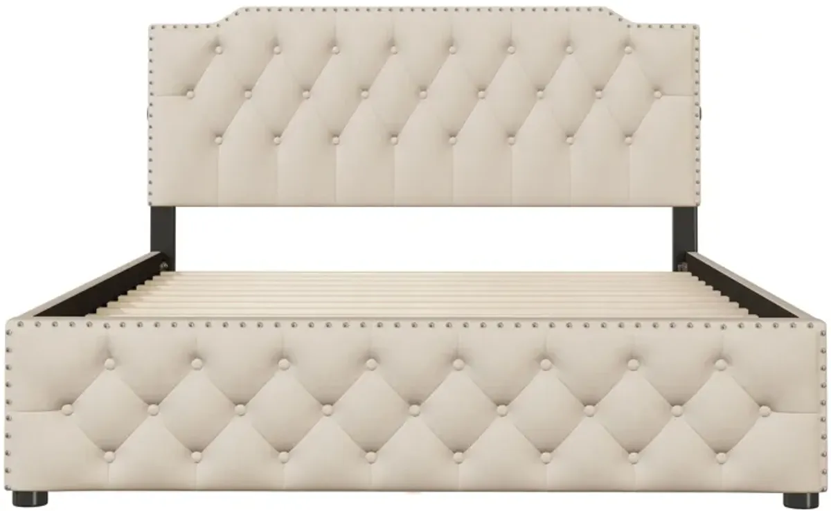 Upholstered Platform Bed With 2 Drawers And 2 Sets Of USB Ports On Each Side, Linen Fabric