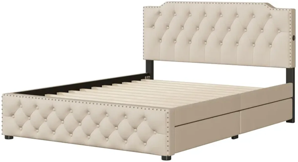 Upholstered Platform Bed With 2 Drawers And 2 Sets Of USB Ports On Each Side, Linen Fabric