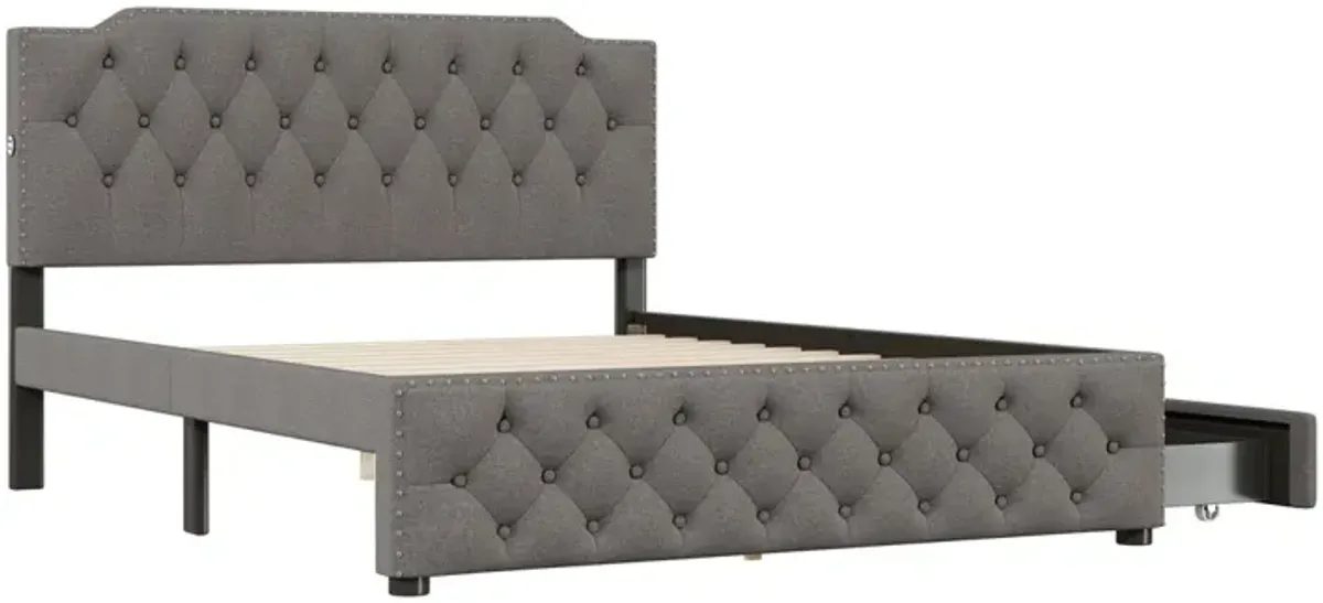 Upholstered Platform Bed With 2 Drawers And 2 Sets Of USB Ports On Each Side, Linen Fabric