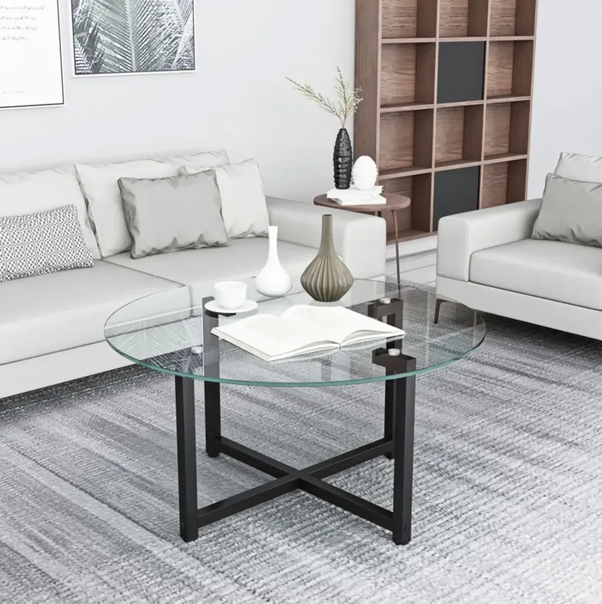 JWS Round Glass Coffee Table, Clear Coffee Table, Modern Side Center Tables For Living Room