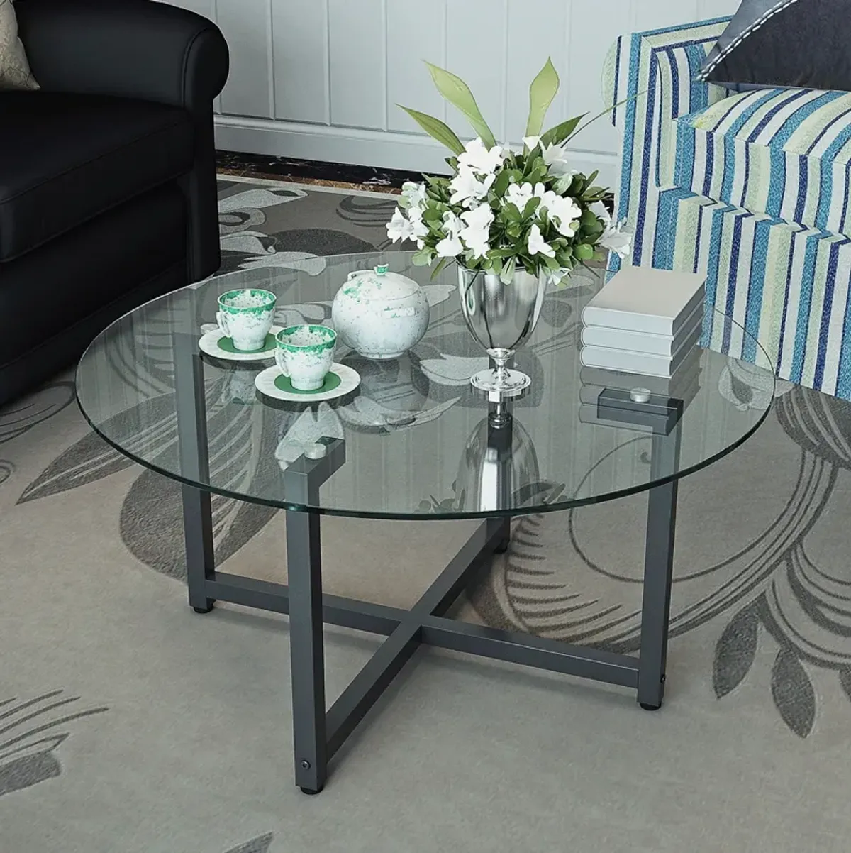 JWS Round Glass Coffee Table, Clear Coffee Table, Modern Side Center Tables For Living Room