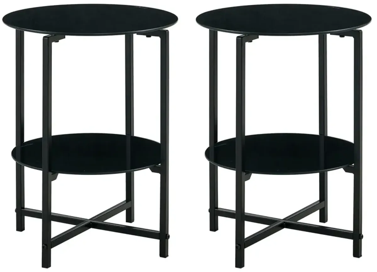 JWS Tempered Glass End Table (Set of 2) , Round Coffee Table For Bedroom Living Room Office - Black