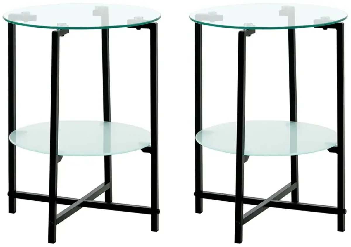 JWS Tempered Glass End Table (Set of 2) , Round Coffee Table For Bedroom Living Room Office - Black