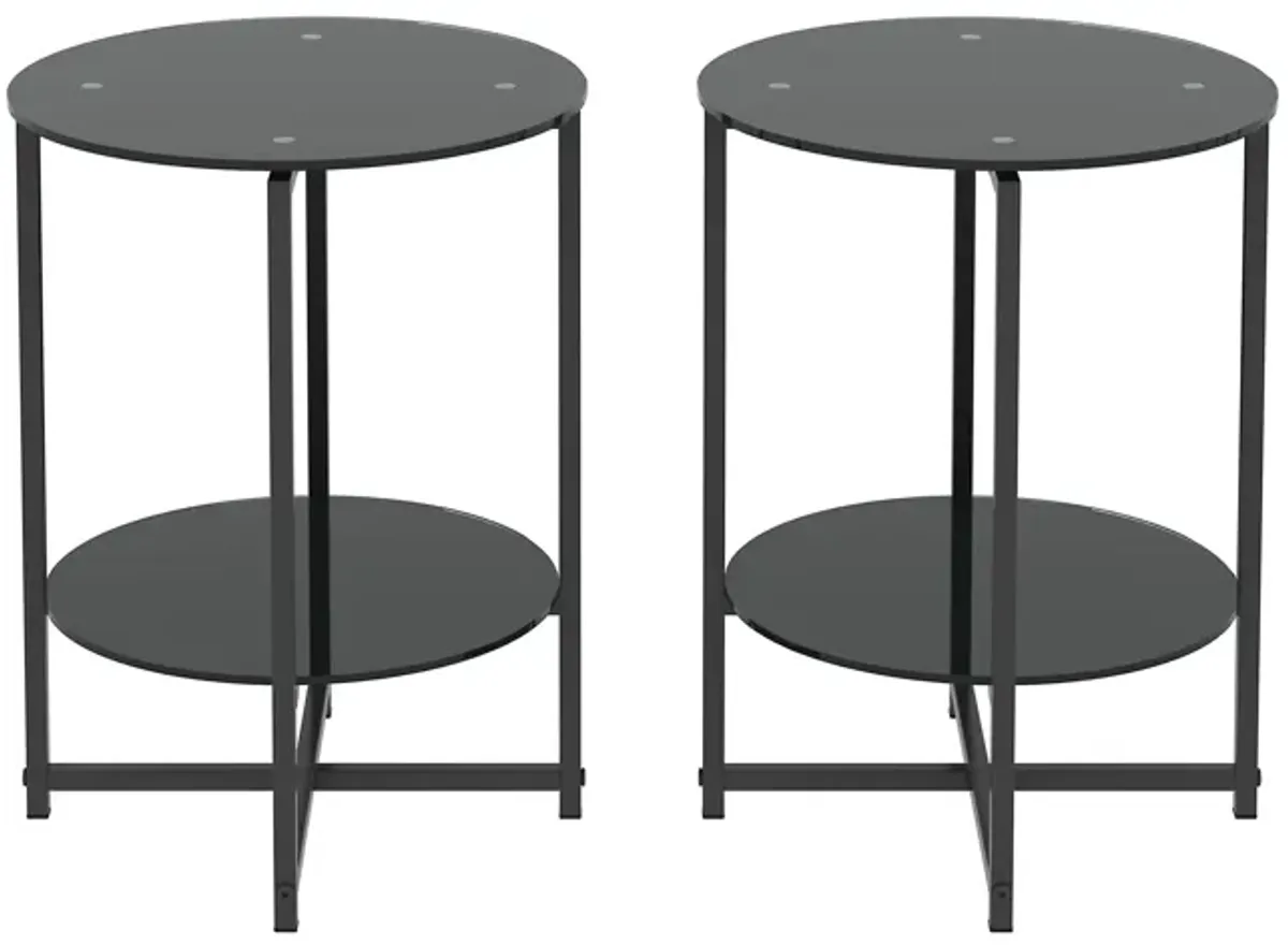 JWS Tempered Glass End Table (Set of 2) , Round Coffee Table For Bedroom Living Room Office - Black