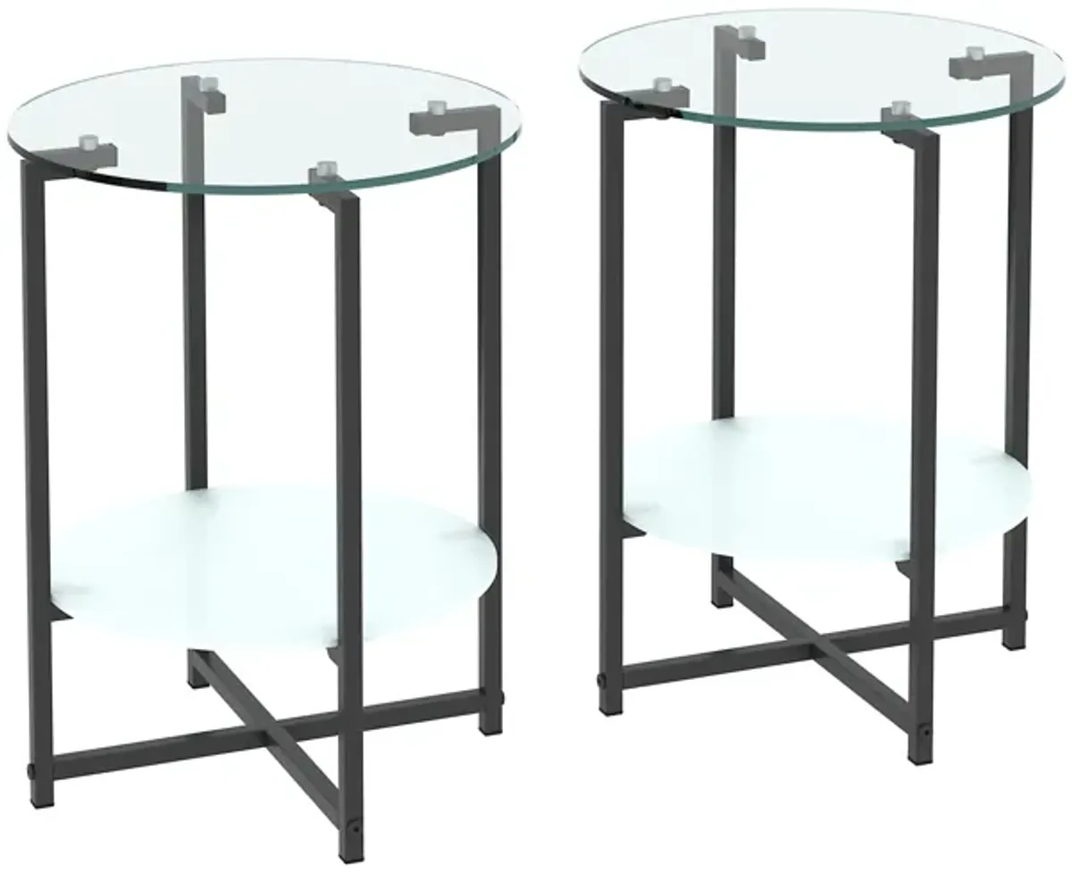 JWS Tempered Glass End Table (Set of 2) , Round Coffee Table For Bedroom Living Room Office - Black