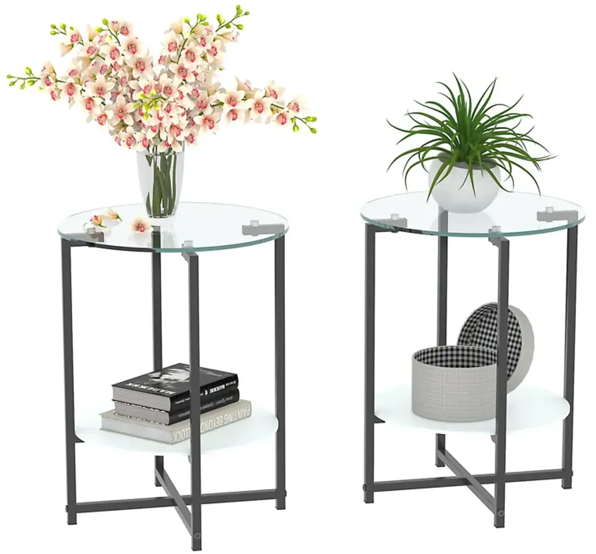 JWS Tempered Glass End Table (Set of 2) , Round Coffee Table For Bedroom Living Room Office - Black