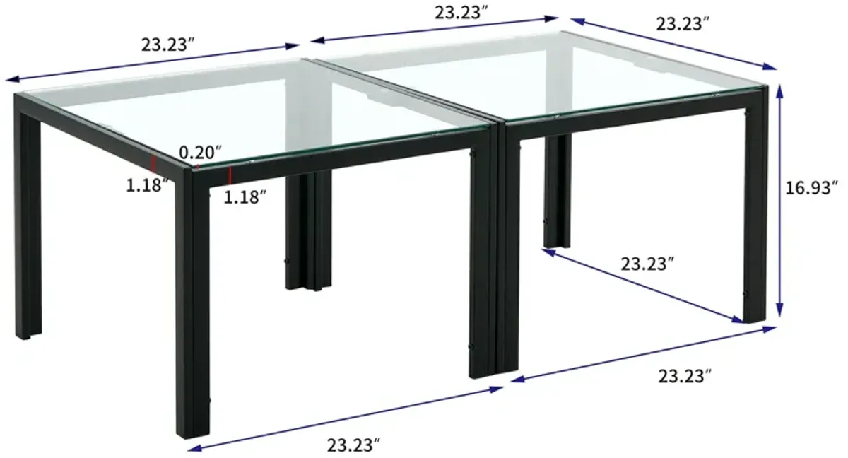 Coffee Table (Set of 2), Square Modern Table With Tempered Glass Finish For Living Room