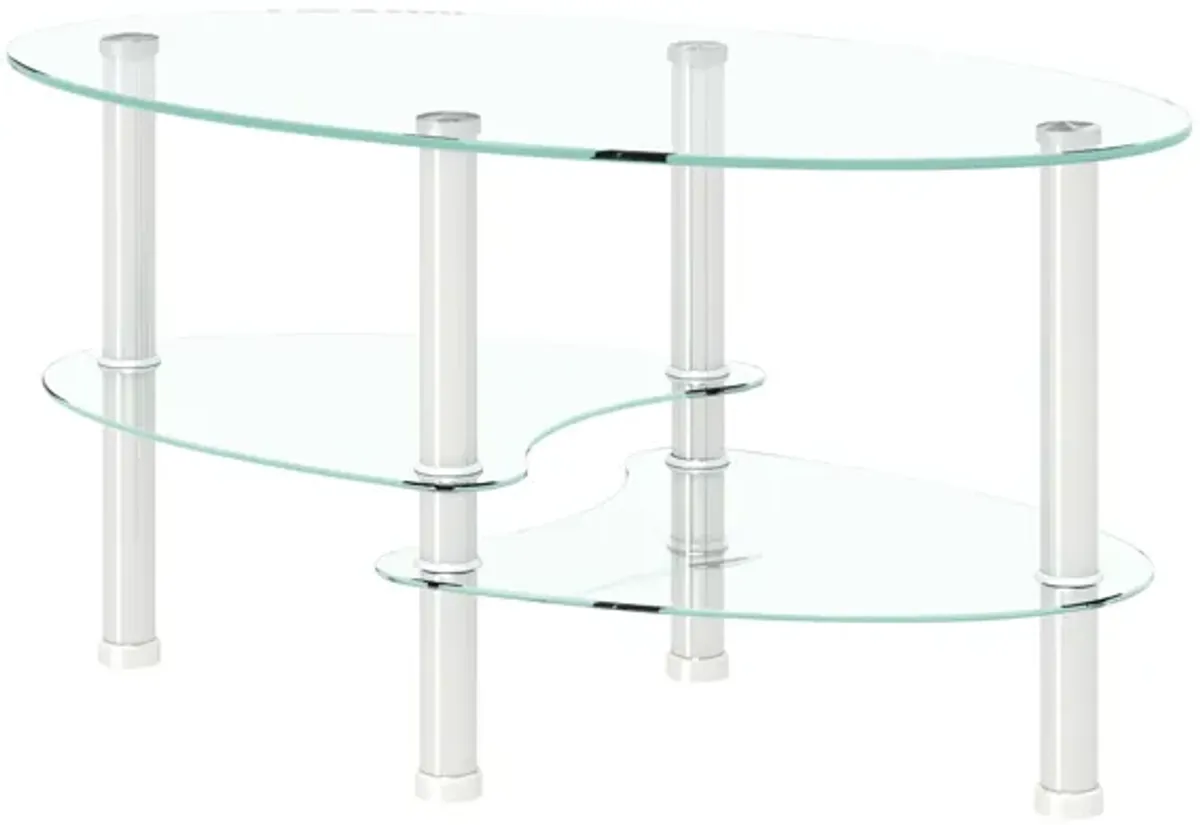 Transparent Oval Glass Coffee Table, Modern Table In Living Room Oak Wood Leg Tea Table 3-Layer Glass Table