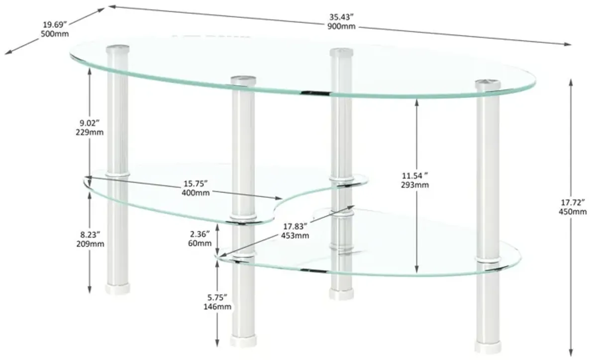 Transparent Oval Glass Coffee Table, Modern Table In Living Room Oak Wood Leg Tea Table 3-Layer Glass Table