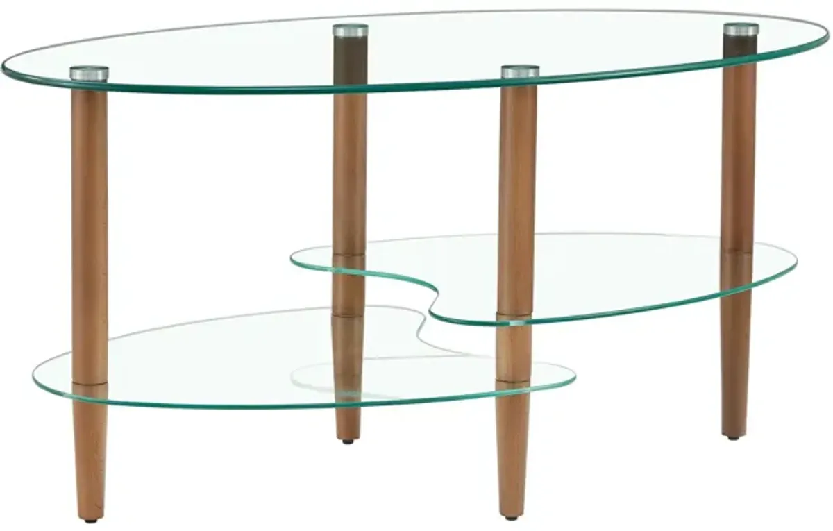 Transparent Oval Glass Coffee Table, Modern Table In Living Room Oak Wood Leg Tea Table 3-Layer Glass Table