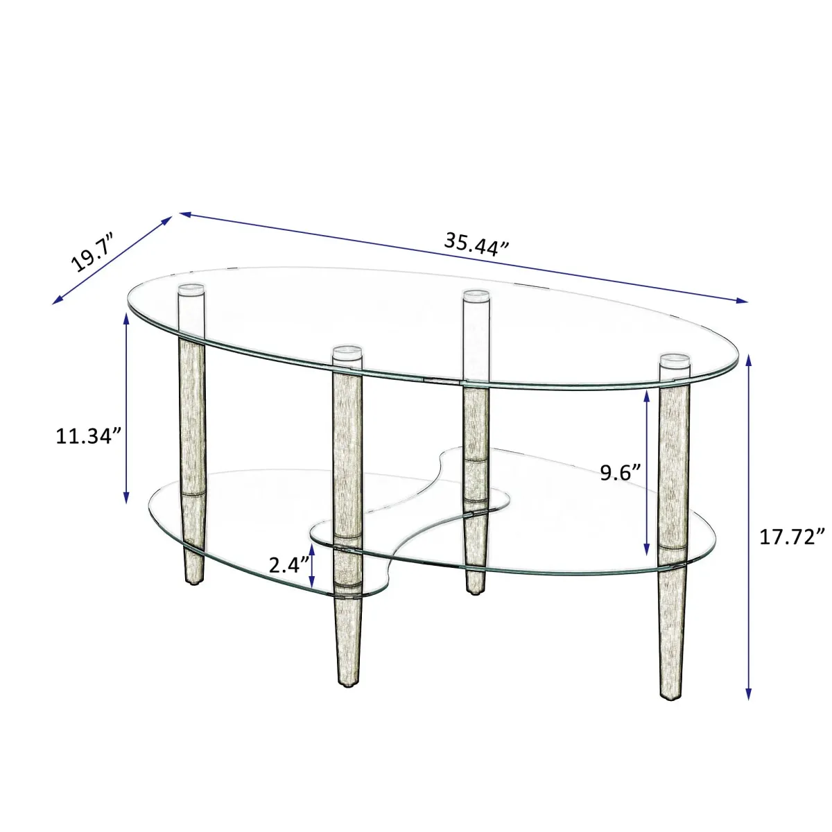 Transparent Oval Glass Coffee Table, Modern Table In Living Room Oak Wood Leg Tea Table 3-Layer Glass Table