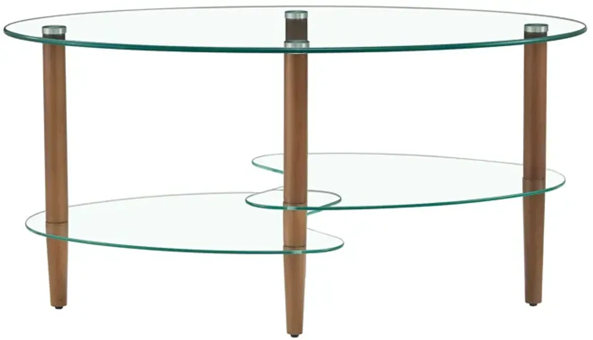 Transparent Oval Glass Coffee Table, Modern Table In Living Room Oak Wood Leg Tea Table 3-Layer Glass Table