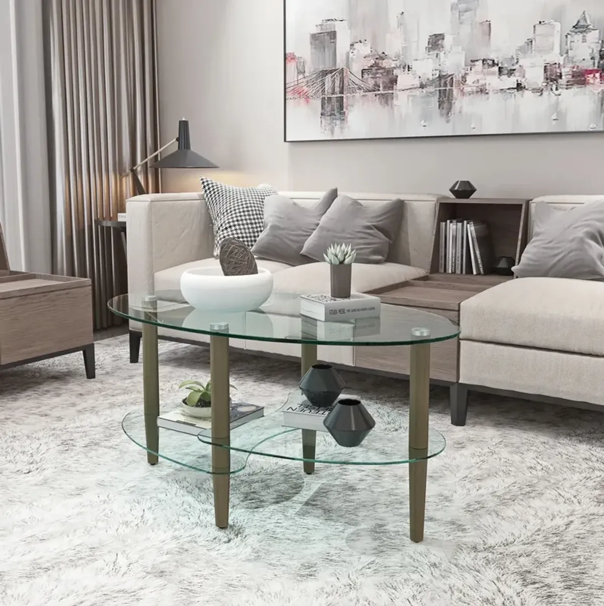 Transparent Oval Glass Coffee Table, Modern Table In Living Room Oak Wood Leg Tea Table 3-Layer Glass Table